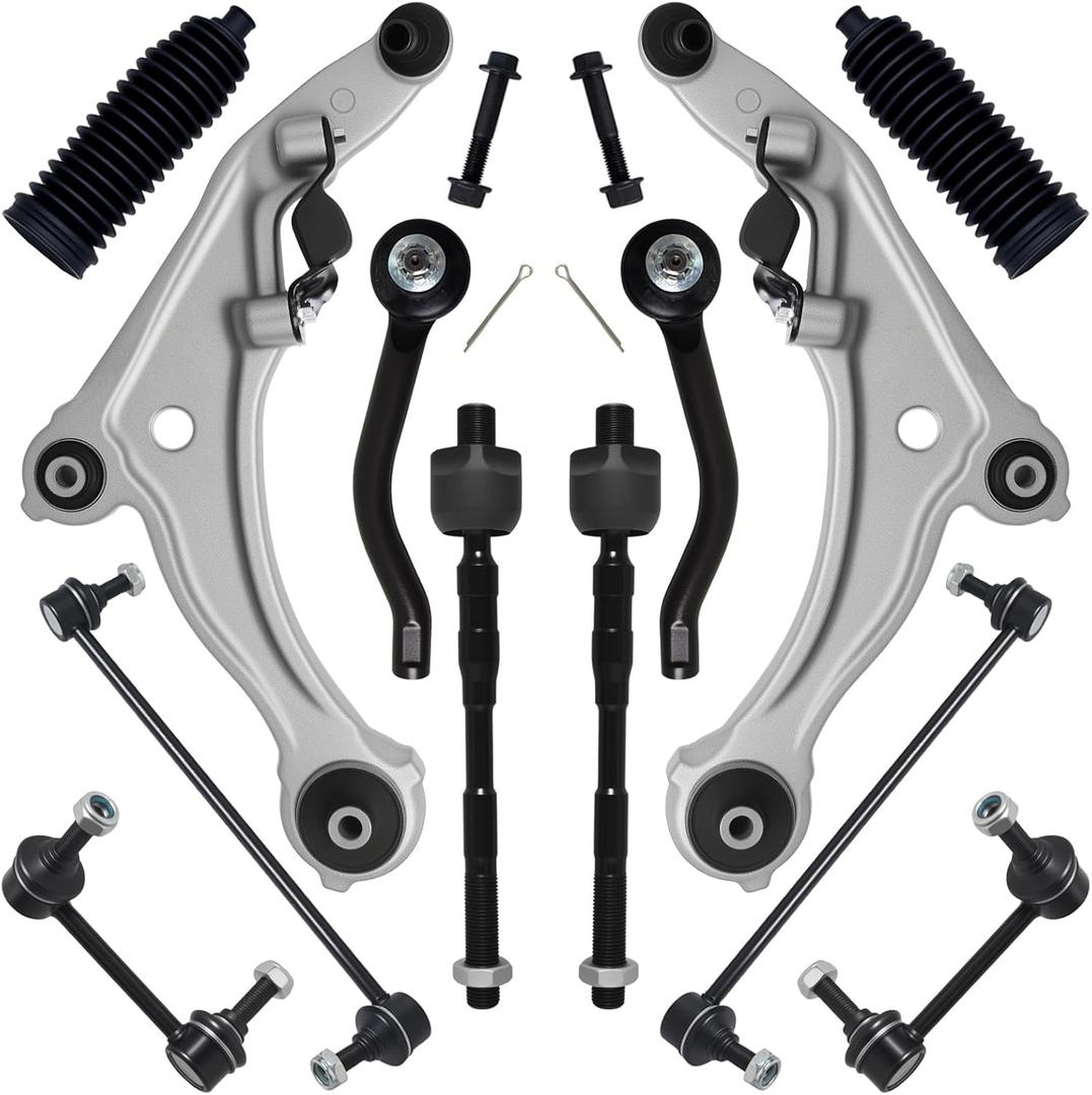 AUQDD 12Pcs Front End Kit Fit For 2009-2014 Ni-ssan Maxima, 2 Lower Control Arm w/Ball Joint 4 Sway Bar Link 4 Outer & Inner Tie Rod End (# K622054 K622059 K750783 K750255 EV800770 ES800357 ES800358)