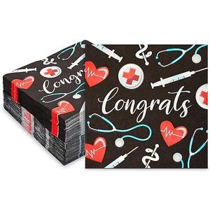 100 Pack Nurse Graduation Napkins, 6.5 inch Cocktail Napkin for Congrats Party Decorations, Festive Accessories for Special Celebrations, Nursing Themed Events and Picnics