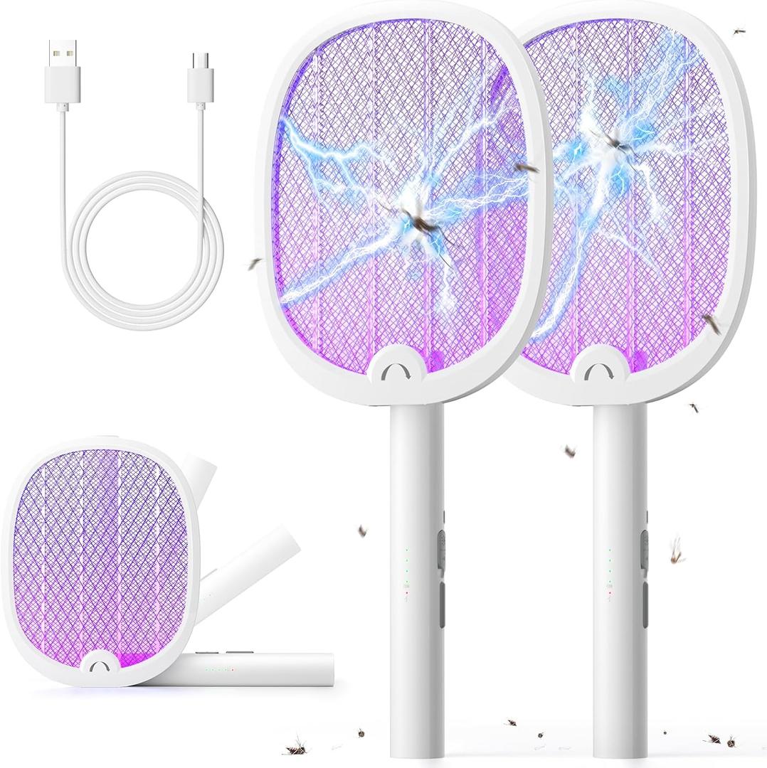 YISSVIC Electric Fly Swatter Foldable Bug Zapper Racket 2 in 1 Mosquito Killer with Purple Attractant Light Rechargeable 1800mAh for Indoor Home Backyard Patio Camping (White-2 Pack)