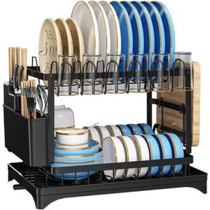 2 Tier Dish Drying Rack with Drainage Tray, 11.8x16.5 Large Capacity, Stainless Steel Utensil & Cup Organizer, Compact Dish Drainer for Kitchen Counter & Sink, Space-Saving Kitchen Storage