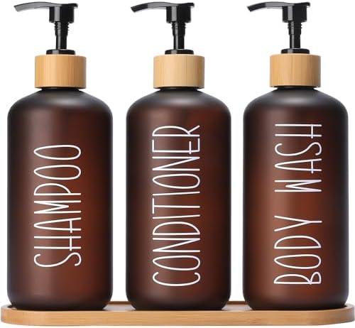 MOMEEMO Amber Shower Dispenser Set, Contains 2 Extra-Thick PET Plastic Bottles with Bamboo Pumps, Shampoo and Conditioner Dispenser for Shower Perfect for Modern Bathroom Decor. (Amber)