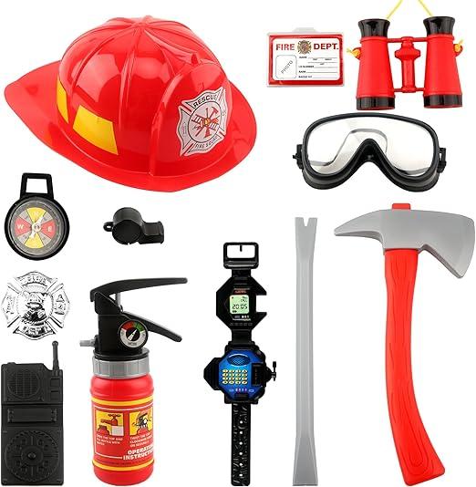 12 Pcs Kids Firefighter Costume Role Play Fireman Gear with Helmet Fireman Hat with Tools Firefighter Career Dress Up Toy Accessories for Boys Girls Halloween Party Pretend Play