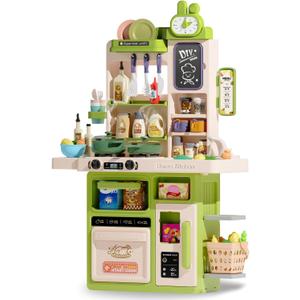 Kids Kitchen Playset Set, 63PCS Pretend Play Kitchen Toys for Toddlers, Cooking Stove with Steam Sound Light, Play Sink with Manual Faucet, Play Food Accessories Gift for Boys, 33H Green