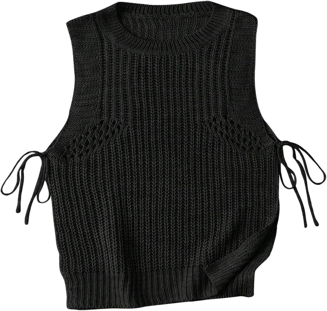 MakeMeChic Women's Sleeveless Round Neck Drawstring Side Split Hem Knited Casual Sweater Vest (Large, Black)