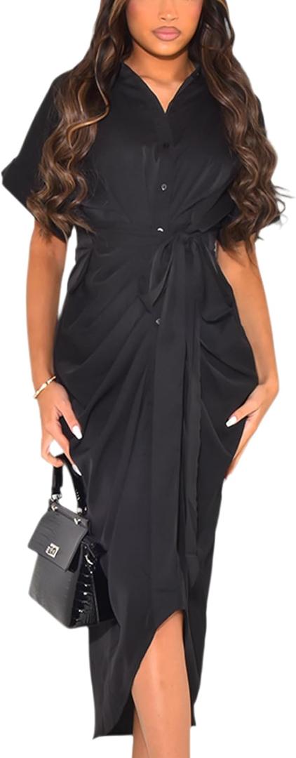Women's Casual Ruched Satin Collar V Neck Dress Short Sleeve Elegant Button Down Shirt Dress with Belt (XX-Large, Black)