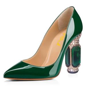 FSJ Women Bridal Pointed Toe Chunky High Heel Crystal Pumps Slip on Wedding Thick Comfort Shoes Size 8.5 Forest Green
