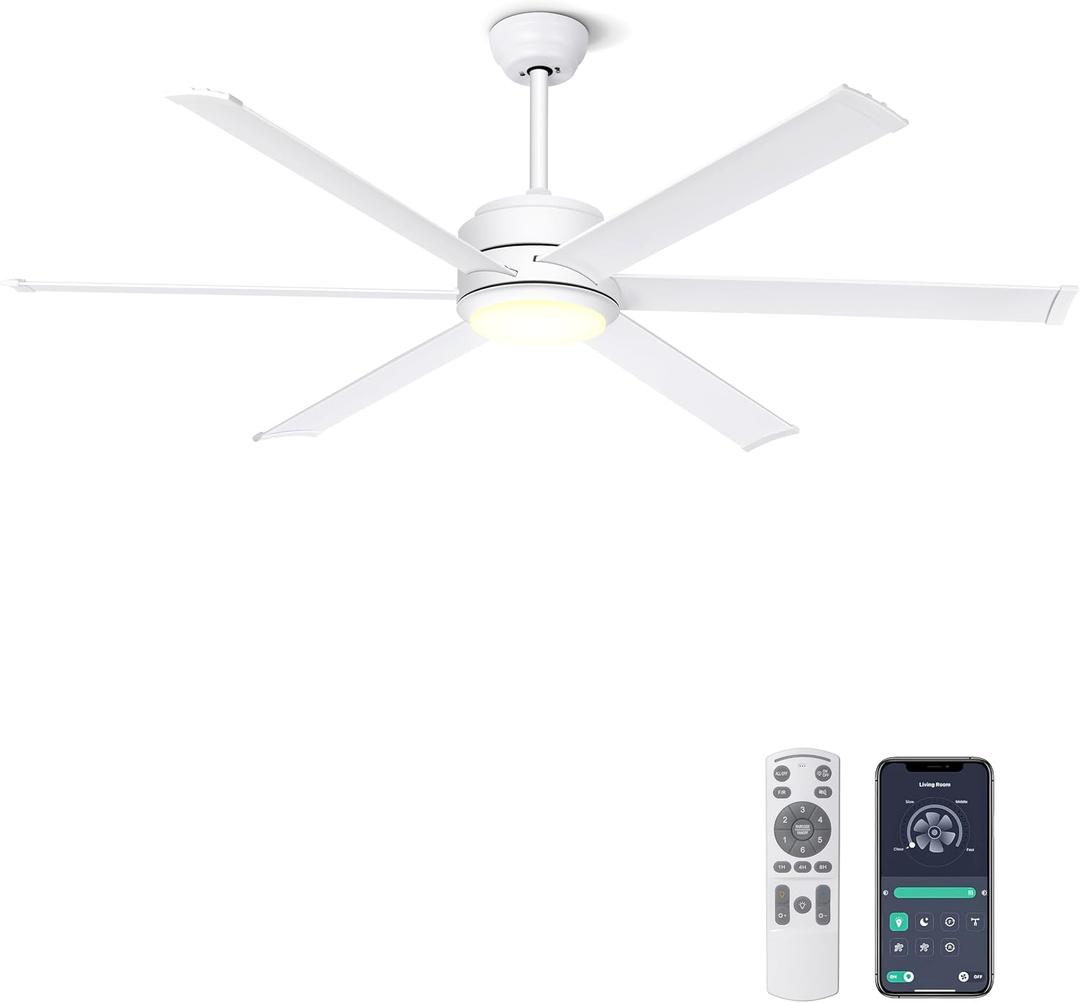 Ohniyou 60" Industrial Ceiling Fan with Lights - Remote & APP Control, Dimmable, DC Motor, Indoor Outdoor Fan for Patio Living Room, White