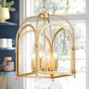 4-Light Gold Chandelier, Modern Farmhouse Lantern Chandelier with Rustic Cage Hanging Pendant Light Fixture for Kitchen Island Bedroom Living Room Entryway Foyer, Dining Room Light Fixtures Over Table