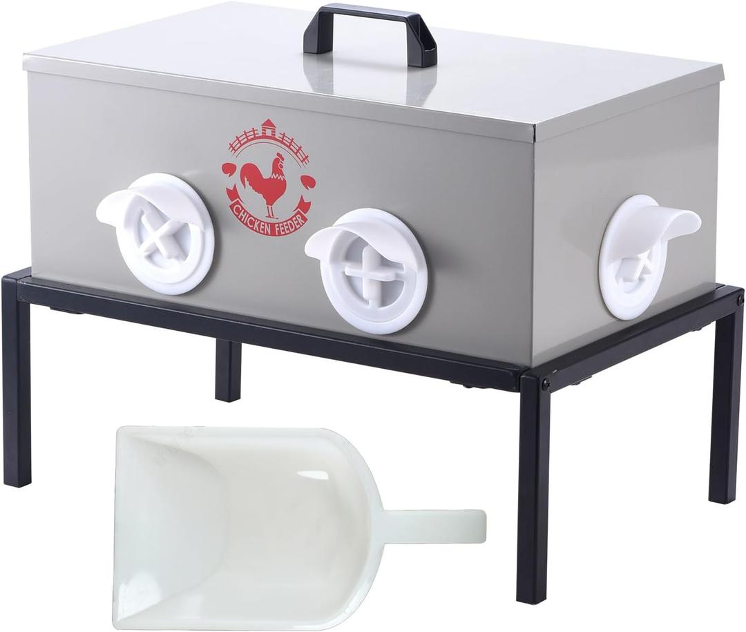 SARUFO Chicken Feeder 25lb 6-Port All-Weather Metal Poultry Feeder with Plugs, Wind and Rainproof, Suitable for Stove with Stand Inside or Outside (17*9.9*7inchs)