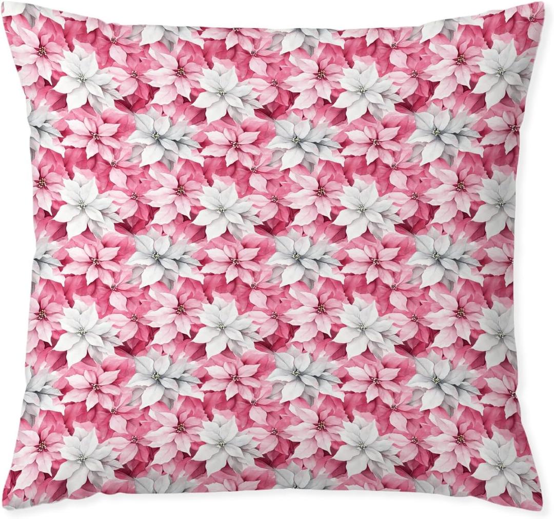 Pink and White Christmas Poinsettia Floral Pillow Covers 18x18, Rustic Cottagecore Christmas Flower Decorative Throw Pillow Covers for Couch Sofa Bedroom Living Room Home