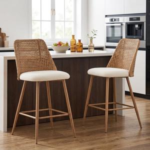 Rattan Counter Stools Set of 2, Wood Counter Height Bar Stools with Linen Upholstered, Wicker Bar Stools with Cane Back Footrest for Kitchen Island Pub Dining Room Bistro, Light Brown