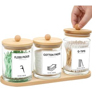 3 PCS Qtip Holder for Bathroom, Cotton Ball Holder with Tray, Bathroom Organizers and Storage, Bathroom Jars for Floss Picks, Cotton Swabs, Balls, Pads(Clear)
