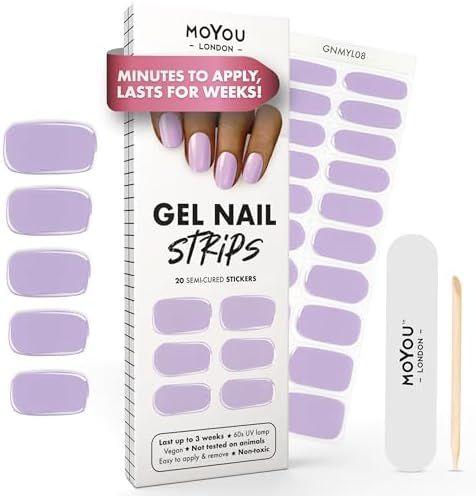 MOYOU LONDON Semi Cured Gel Nail Strips - 20 Pcs. Waterproof Gel Nail Wraps, Cures in Sunlight or UV/LED Lamp, Lasts Up to 2+ Weeks, Stretchable, Easy to Apply & Remove, Vegan & Cruelty-Free Pack of 4 (Purple Pastel)