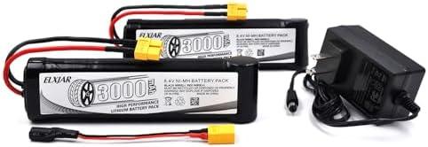 (2-Pack) 8.4V 3000mAh Ni-MH Battery with XT60 Plug and Charger Replacement for 1/10 RC Boats 2WD 4WD Cars Trucks Buggies