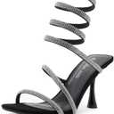 Shoe Land Charming2 Women's Rhinestone Heels, Square Open Toe High Stilettos with Spiral Ankle Wrap Strap  Coil Spiral High Heeled Crystal Dress Sandals for Party (5)