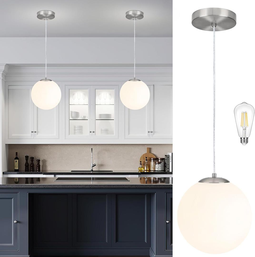 KoKo&Yukina 10 Inch Pendant Light Nickel Globe Pendant Lights Kitchen Island Mid Century Light Fixture Adjustable Globe Cluster Lights with Milky White Glass Shade for Dining Room Living Room
