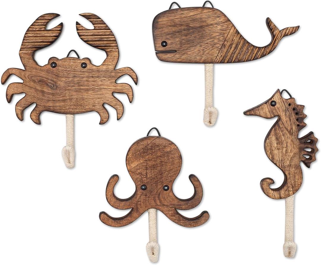 Crane Baby Sea Life Wooden Wall Hooks - Set of 4 Wooden Ocean Nursery Decor Towel Hooks