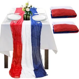 2PCS 4th of July Table Runner,Vintage Red White and Blue Table Runner Cheesecloth for Memorial Day Labor Day Independence Day Veterans Day Patriotic Party Decoration for Indoor Outdoor 118Inch