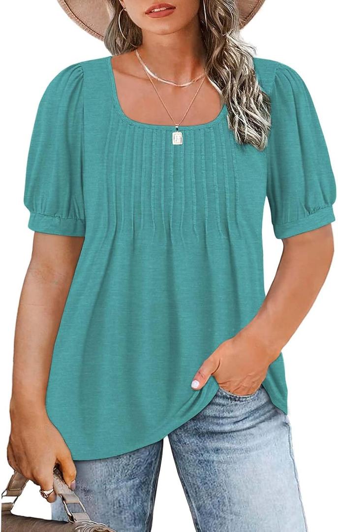 ROSRISS Womens Plus-Size Tops Summer Puff Short Sleeve Scoop Neck Pleated Flowy Shirts (3X-Large, A_02_blue)