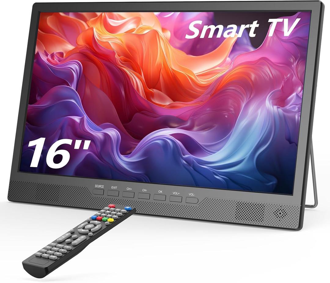 Desobry 16" Small Smart TV, LCD Small Kitchen TV with WiFi | Bulit-in 180°Adjustable Stand/ATSC Tuner/HDMI/USB/AV for Camping, Bedroom, RV, Patio, Indoor & Outdoor Use