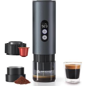 AMZCHEF Portable Coffee Maker Rechargeable w/ 9000mAh Battery, 2-in-1 Travel Espresso Maker for Ground/NS Capsules, Car Espresso Machine Self-Heating for Camping, RV, Hiking, Office, Aluminum