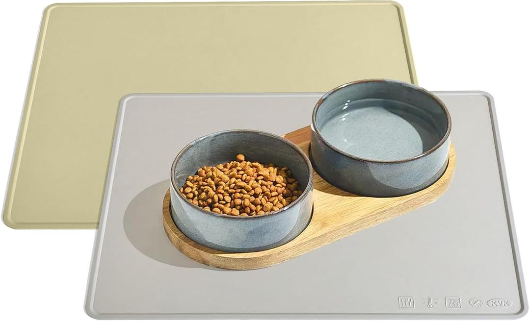 Dog Water Mat 2-Pack 2016in - Silicone Dog Mats for Food and Water, Non-Slip Pet Feeding Mat for Floors, Waterproof Cat Bowl Mats to Prevent Spills - Silver Gray & Cream