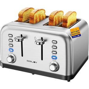 RAMJOY Toaster 4 Slice, Dual Independent Controls, Extra Wide Slot Toasters for Bagel, Bread, Waffles, 7 Shade Settings, 4 Main Functions, Removable Crumb Tray, 1500 Watts, Brushed Stainless Steel