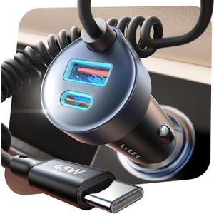 LISEN 3-in-1 Car Charger, Cigarette Lighter Socket, USB 75W + 45W C Cable, 90W Fast Charging, Industry's Smallest 3-in-1 Socket