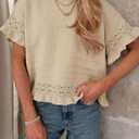Yeokou Womens Short Sleeve Sweater Round Neck Ruffled Hem Knit Crochet Pullover Summer Fall Casual Top Blouse (Beige, XL)