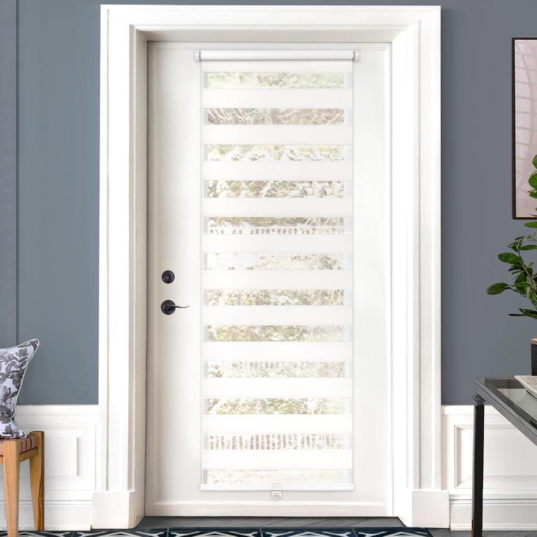 LazBlinds Cordless French Door Blinds, No Drill Roll Up Zebra Blinds, Light Control Day and Night Sheer Shades for Front Patio Sidelight Glass, 25.8'' W x 78'' L, White