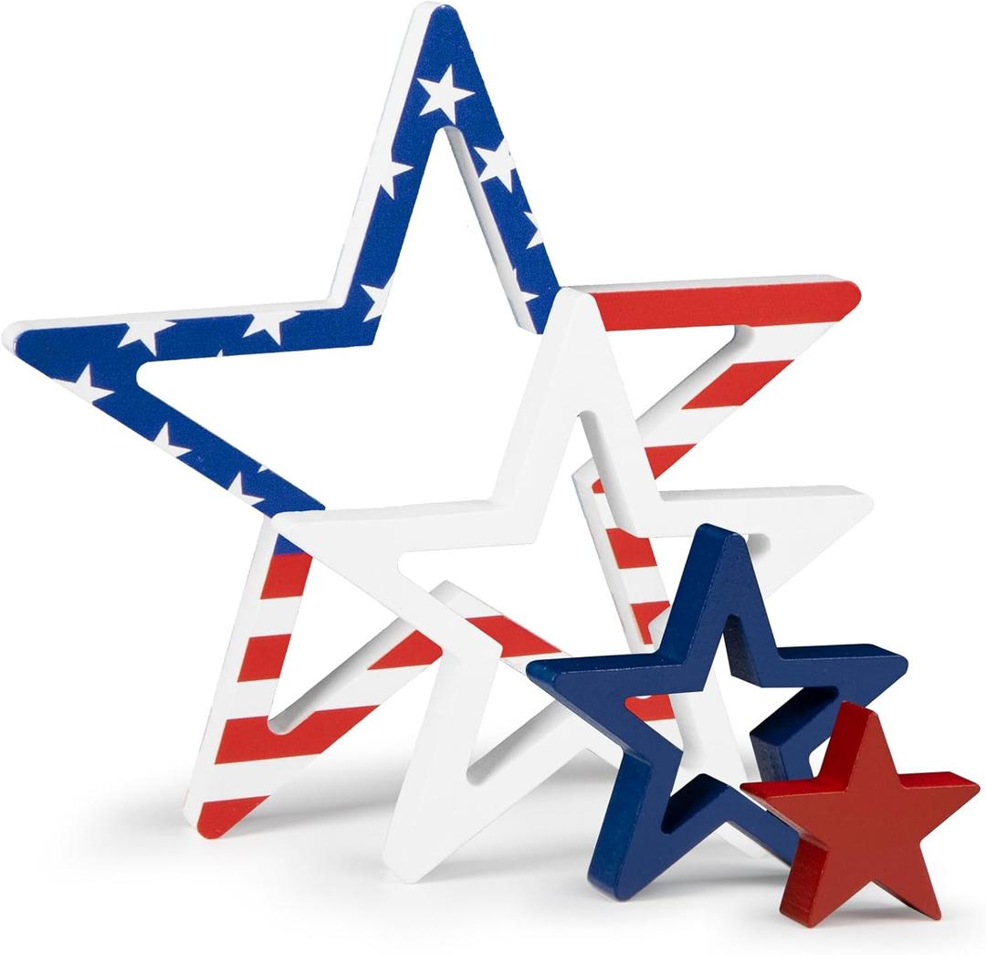 COCHIE 4th of July Decorations Stars Set of 4, Red White Blue Decor, Patriotic Memorial Day Star Tiered Tray Decor, Labor Day Fourth of July Decoration for Home Office Table Shelf (Print)