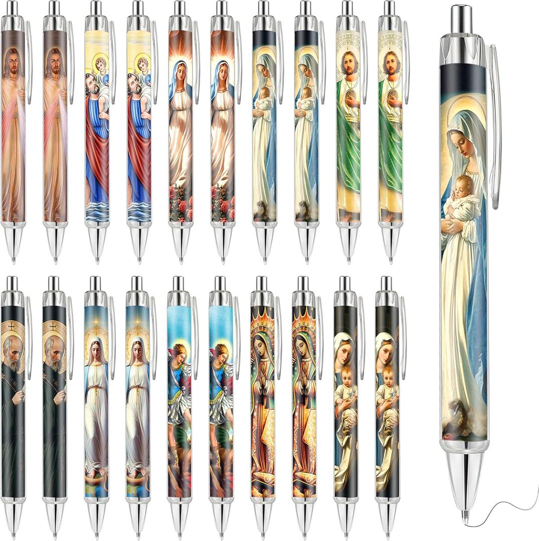 Bozidol 20 Pcs Catholic Saint Ballpoint Pens, Black Ink, Jesus Christ Virgin Mary Pen Set, Christian Pens for Women Men, Religious Church Party Favors Gifts for Office Home School Supplies