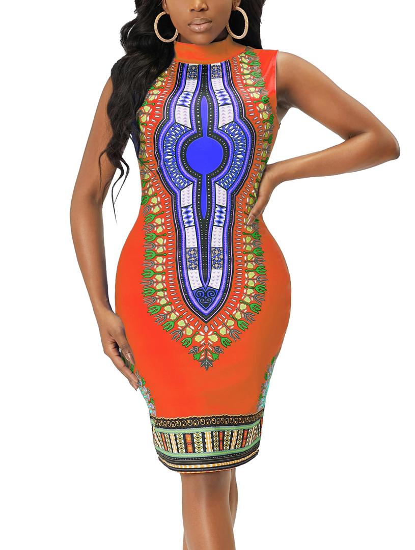 JTNFairy Boho African Attire Elegant Dresses for Women Dashiki Sleeveless Knee Length Mexican Ethnic Orange Dress (M)