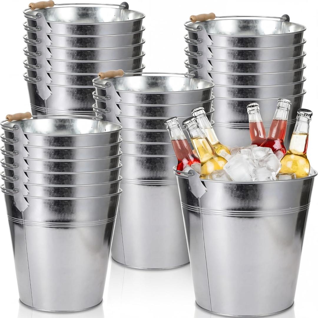 Didaey 24 Pcs 9 Quart Large Galvanized Metal Buckets with Handle Inch Heavy Duty Stainless Steel Pails Round Pail for Party Wedding, Crafts, Utensils, Table Centerpieces (Silver)