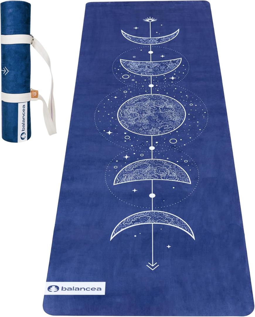 Yoga Mat With Strap 5mm Non Slip Suede & TPE - Beige Eco-Friendly Fitness & Exercise Mat for Home Gym, Pilates, Hot Yoga, and Meditation - Lightweight Durable 72 x 24 inch Workout Mat for Women, Men (Blue)