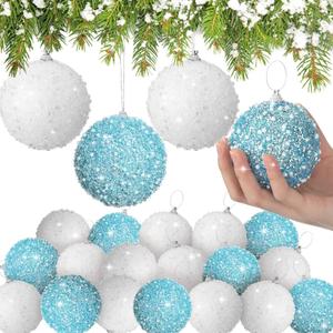 Lyrow 24 Pcs 3.15" Glitter Christmas Ball Ornament Set Christmas Ball Bulk Xmas Sequin Foam Hanging Ornament Decorative Hanging for Tree Party Holiday Decor(White, Light Blue)