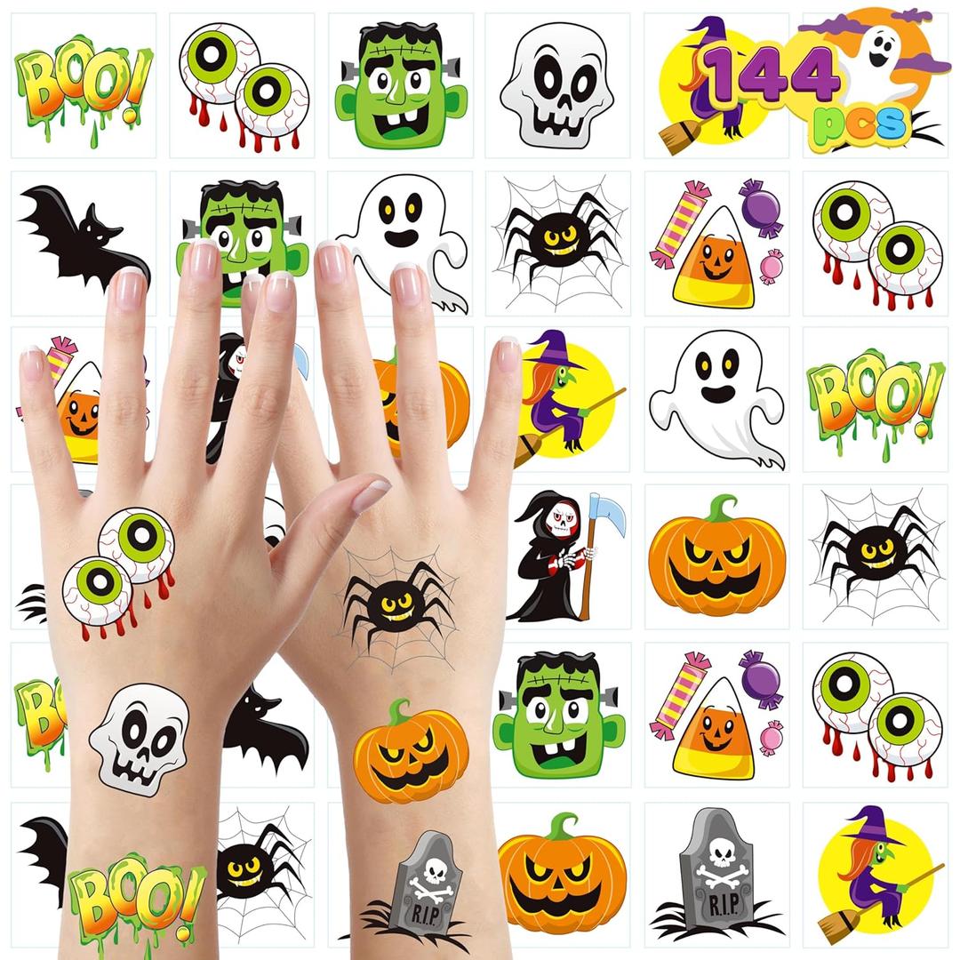4 x JOYIN 144 PCS Halloween Temporary Tattoos for Kids, 12 Designs Bulk Fake Tattoos Stickers for Halloween Party Favors Decorations, Supplies Trick or Treat Game Gifts Goodie Bags, Class Game Prizes