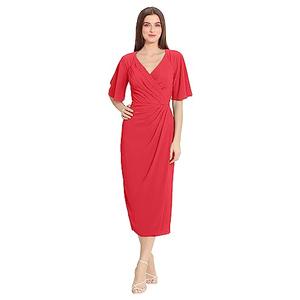 Maggy London Women's Dresses Short Flutter Sleeve Faux Wrap Midi Dress Size 2, Giant Hibiscus