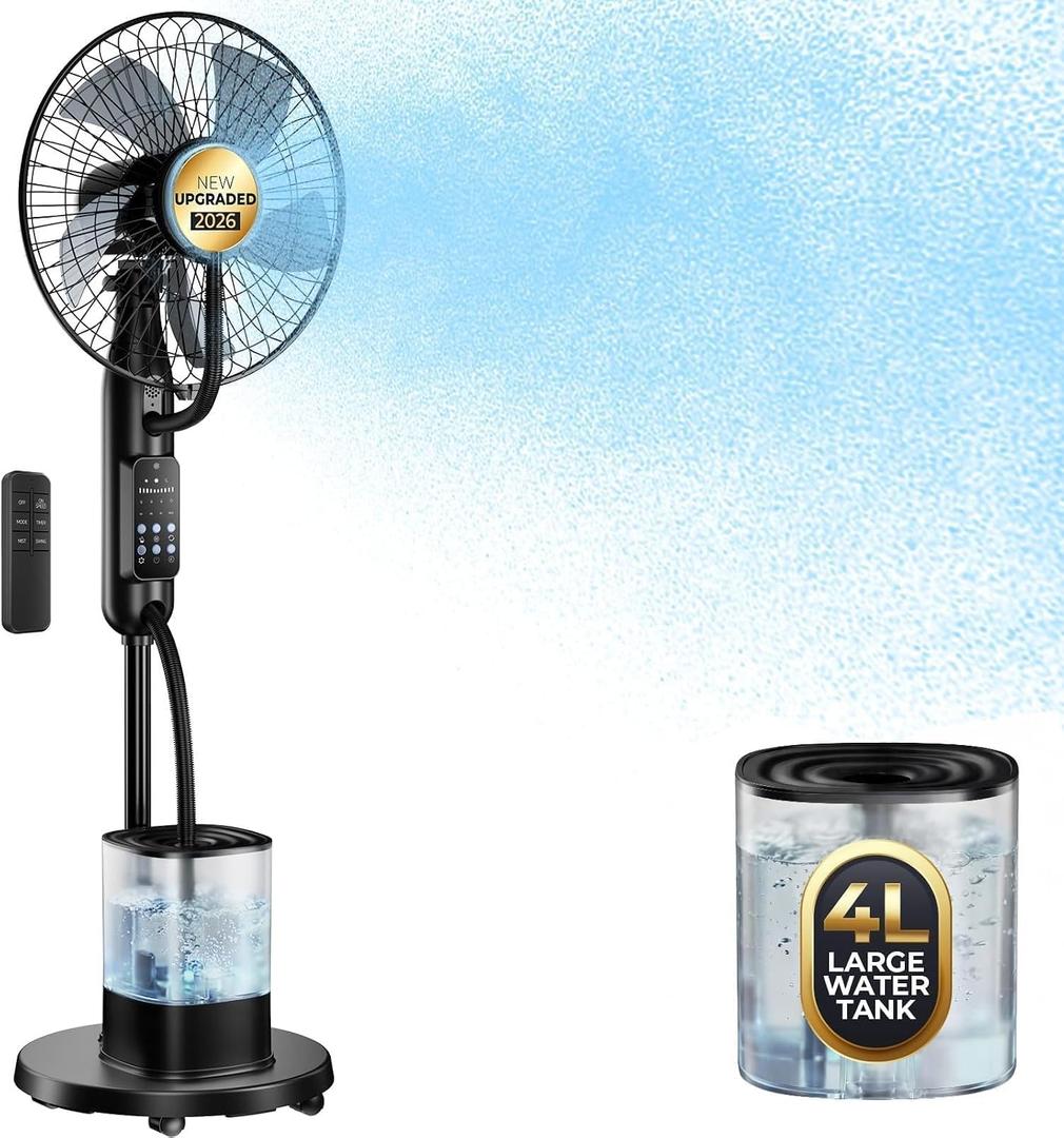 Upgraded Misting Fan with 4L Large Water Tank
1.06 Gallon Fine Mist Fan, 5 Speeds 3 Modes Misting Standing Fan with Remote, Floor Fan for Home, Bedroom, Patio