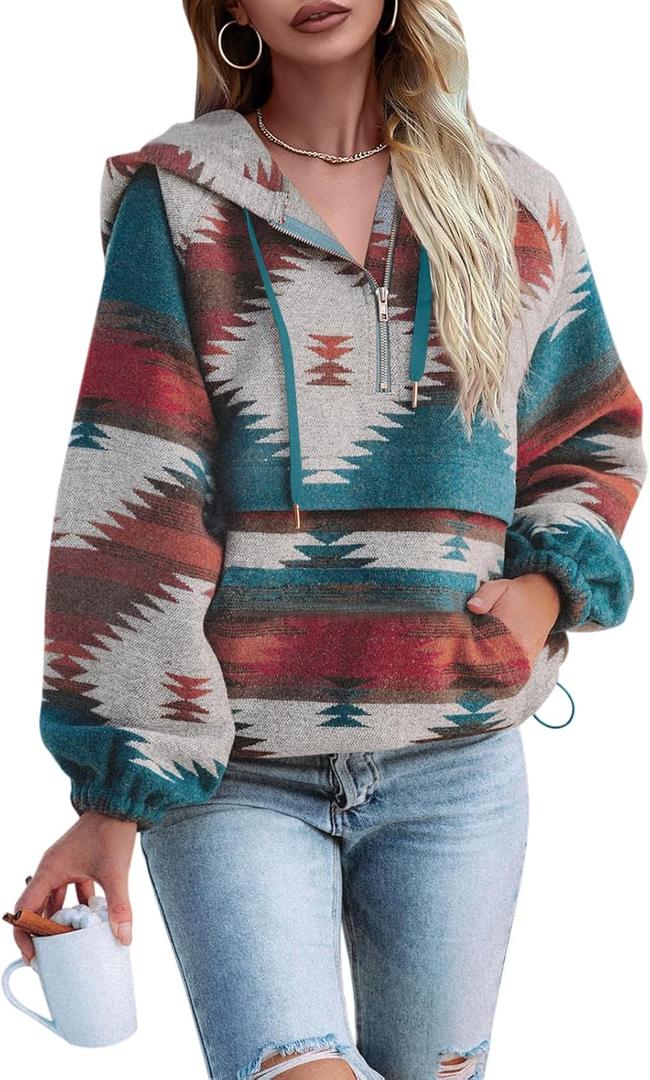 Fessceruna Womens Aztec Half Zip Up Hoodies Sweatshirt Casual Long Sleeve Oversized Ethnic Tribal Hooded Pullover Shirt Top (Medium, Blue)