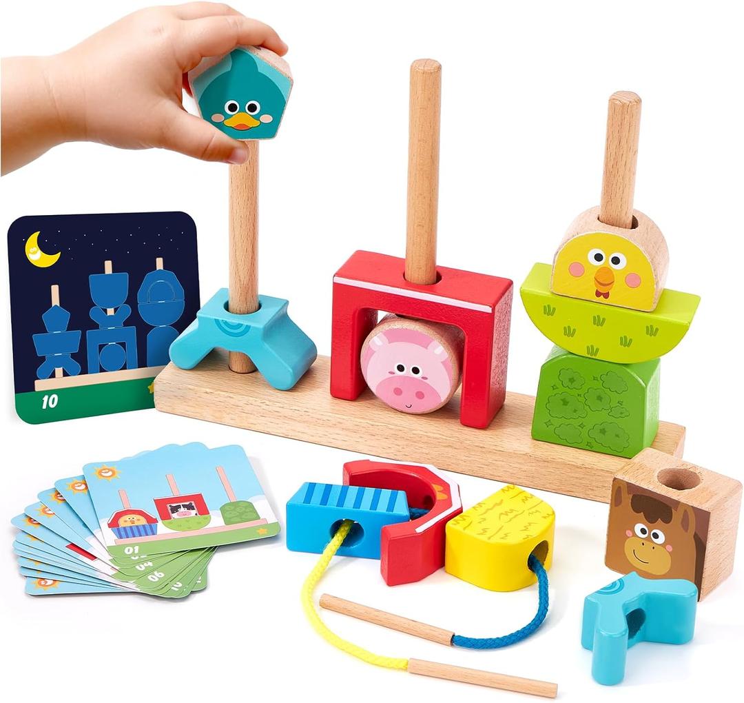hahaland Montessori Wooden Brain Building Block for Toddler 1-3 Stacking Toy Day & Night Puzzle Game with 24 Challenges Toddler Lacing Stringing Beads for Ages 1 2 3 Preschool Learning Activities