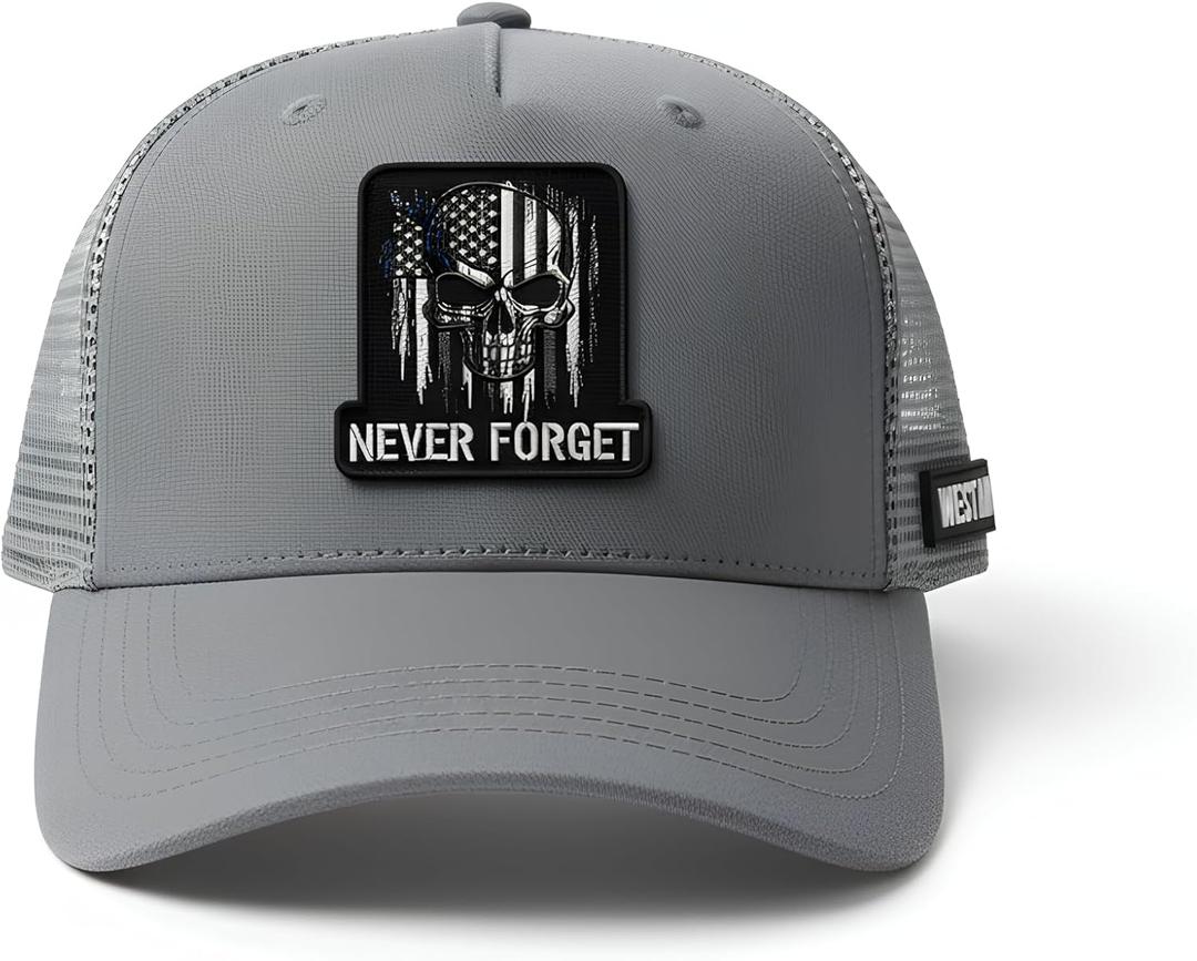 WEST AM Thin Blue Line Trucker Hat for Men 3D Embroidered Skull Patch, American Flag Snapback Cap, for Police Officers, Veterans & First Responders (Gray)