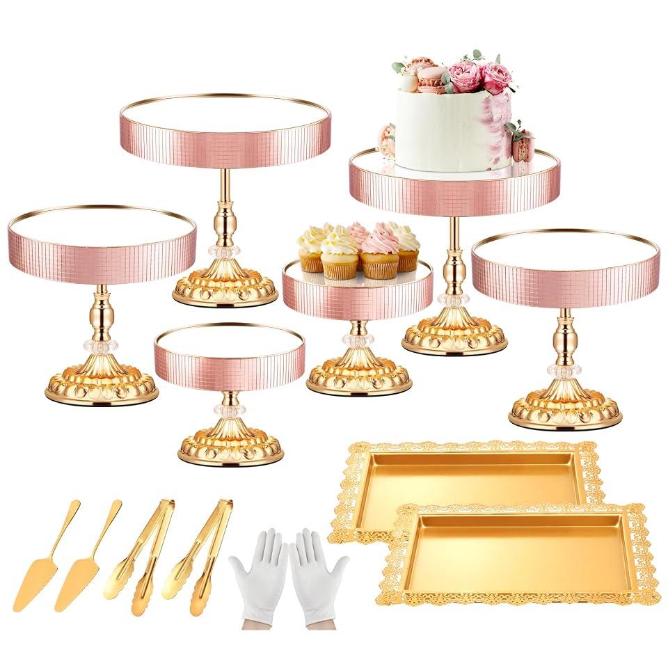 LEIFEOSH 12 Pieces Gold Cake Stand Set, Vintage Cake Display Stand with Crystal Edge and Cupcake Display Tray, Dessert Table Display Set for Wedding Party Baby Shower Anniversary Celebration