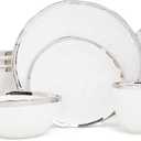 Elanze Designs 16-Piece Metallic Bubble Porcelain Ceramic Plates Bowls Mugs Dinnerware Set - Service for 4, White With Silver Accents