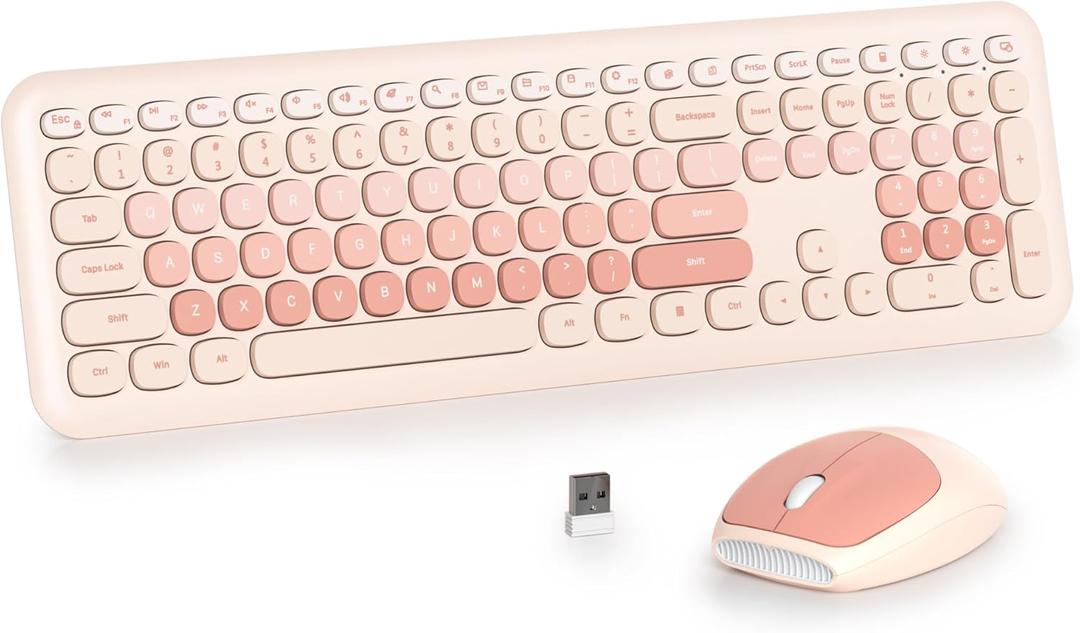 Milky Colorful Wireless Keyboard and Mouse Combo Set, 2.4GHz Retro Typewriter Keyboard, Full Size Cute Keyboard with Number Pad, Home and Office Silent Keyboards (Gradient Rose)