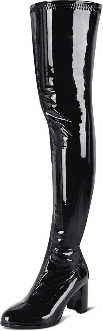 girgod Thigh High Boots for Women Sexy Pointed Toe Over The Knee Boots Cosplay Dance Party Patent Leather Chunky Heels GOGO Knee High Boots (7.5, Black)