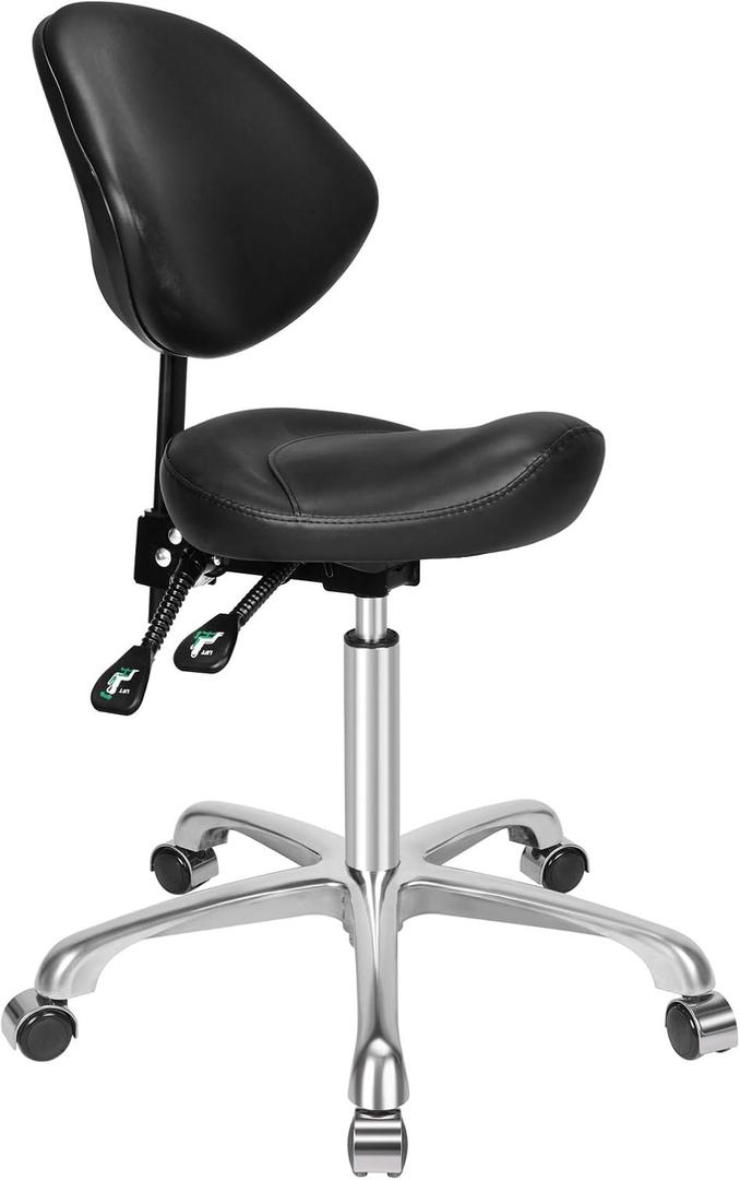 Kaleurrier Ergonomic Rolling Swivel Saddle Stool with Wheels - Hydraulic Lifting Height Adjustable Saddle Chairs for Clinic Hair Salon Lab Office Drafting Chairs (Black, with Back)