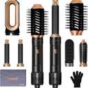 6 in ONE Blow Dryer Brush, Curling Wand Hair Styling Tools Set, Ionic Hot Air Brush Hair Dryer, Massage Oval Hair Dryer Brush, Left & Right Hair Curlers (Black Gold)