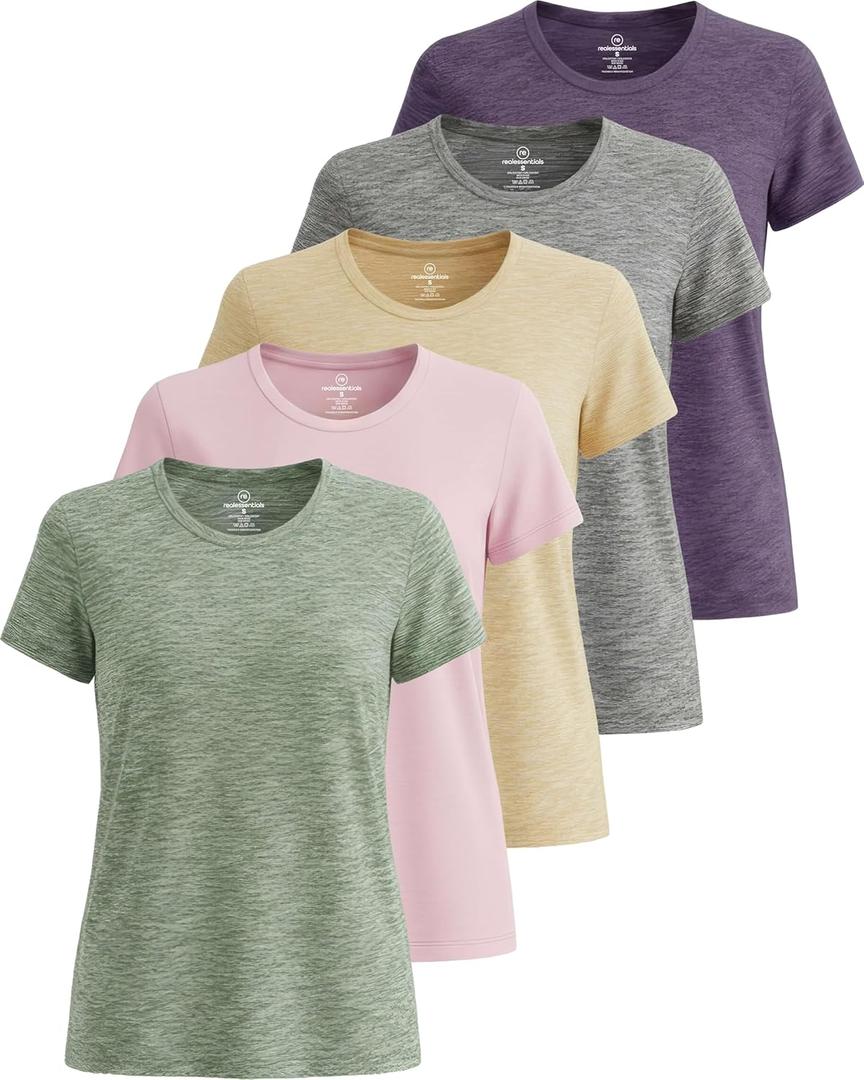 Real Essentials 5 Pack: Women's Short Sleeve T-Shirts Workout Tops Fitness Pilates Gym Activewear Athletic (Medium)