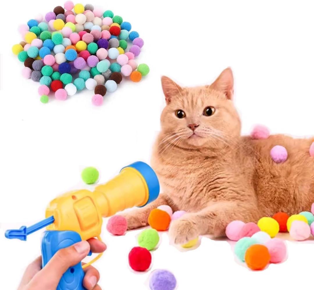 50pcs Cat Toy Ball Launcher Set Fun Colorful Plush Self Play Toys Pom Balls Shooting Interactive for Indoor Cats Enrichment Kittens Puff Ball Playing (Launcher with 50 Balls)